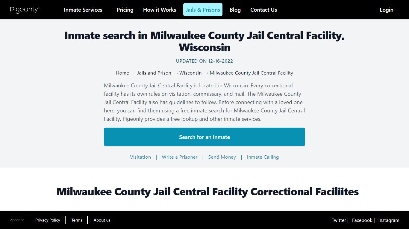 Inmate search in Milwaukee County Jail Central Facility, Wisconsin