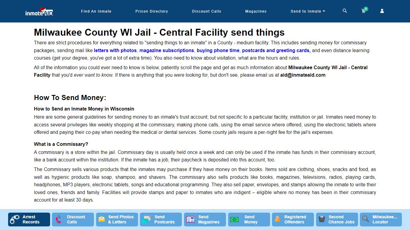 Milwaukee County WI Jail - Central Facility send things - InmateAid